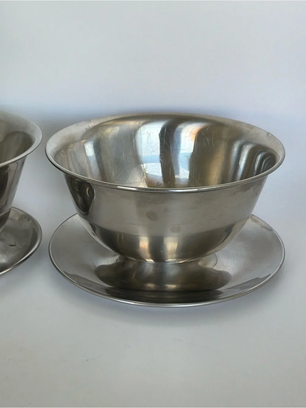 Vintage Stainless Steel Sauce Bowls with  Attached Underplates Set of 2